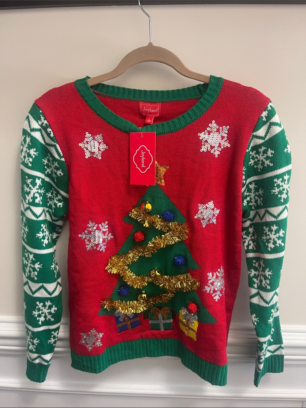 Joyland Women's Red & Green Festive Tree Sweater Hybrid